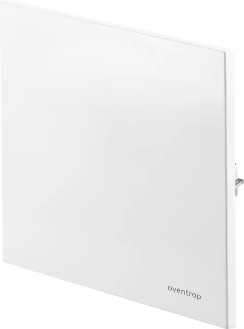 Weißes Glas-Panel von Oventrop, rechteckig und flach, als Abdeckung für Heizungs-Uniboxen geeignet, montiert an der Wand.